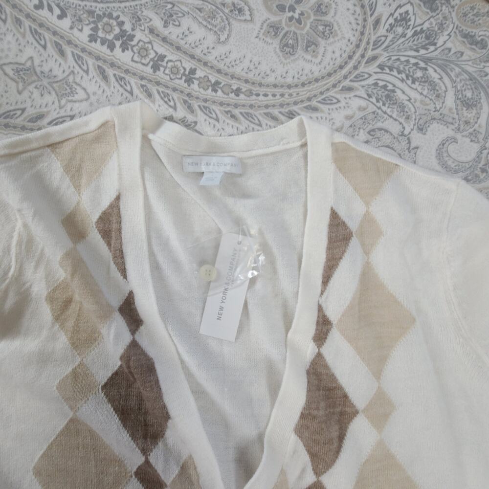 New York & Co Cardigan Argyle White Large - Picture 10 of 11